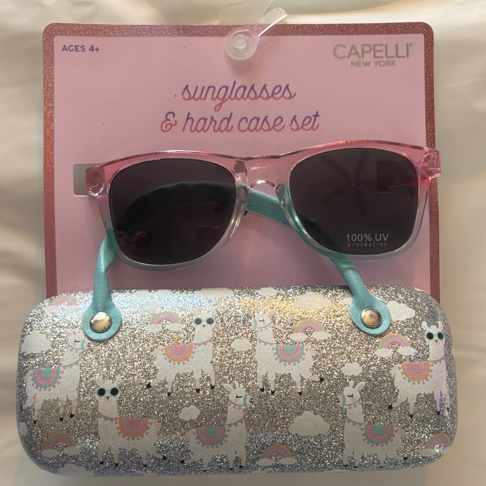 Capelli of New York Pink and Teal Kids Sunglasses with Llama Hard Case Set